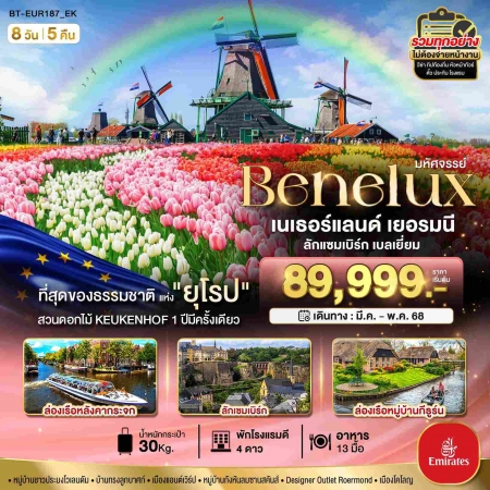 ทัวร์ยุโรป AEU85-24 เบเนลักซ์ เยอรมนี เนเธอร์แลนด์ เบลเยี่ยม Keukenhof EUR187 (050568)